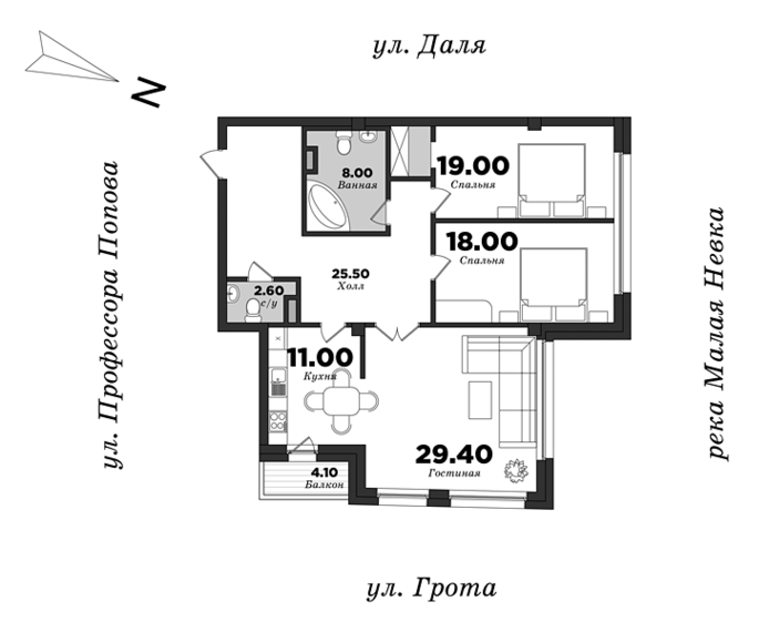 Дом на улице Грота, Корпус 1, 2 спальни, 115.94 м² | планировка элитных квартир Санкт-Петербурга | М16